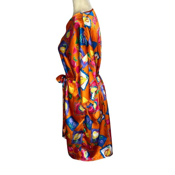 Vintage Vassarette Robe Size Large Kimono Fruit Colorful Orange Satin 90s Retro - Picture 4 of 9